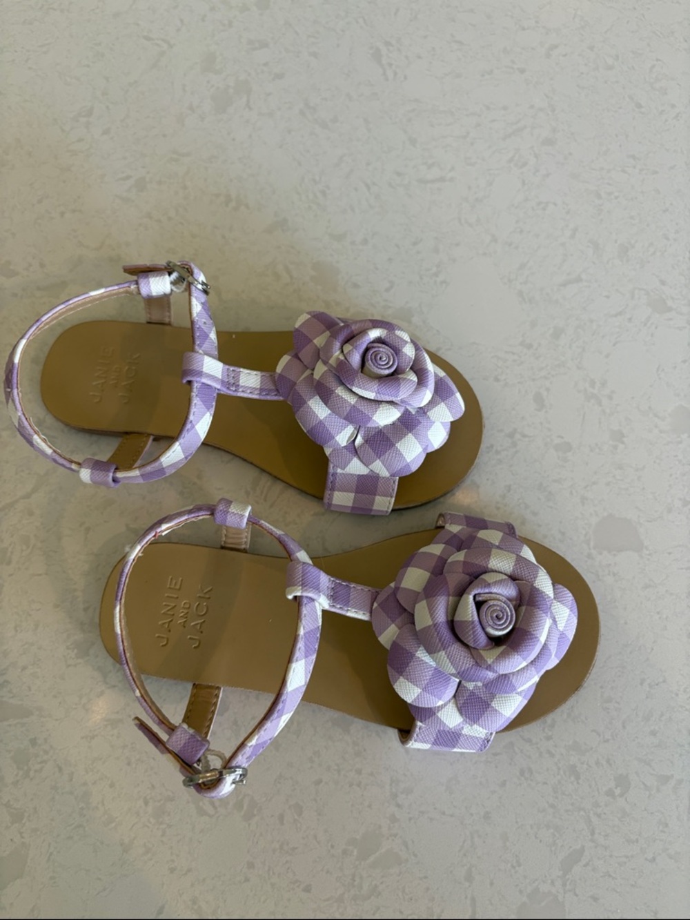 Janie and Jack Lavender Gingham Rose T-Strap Sandals